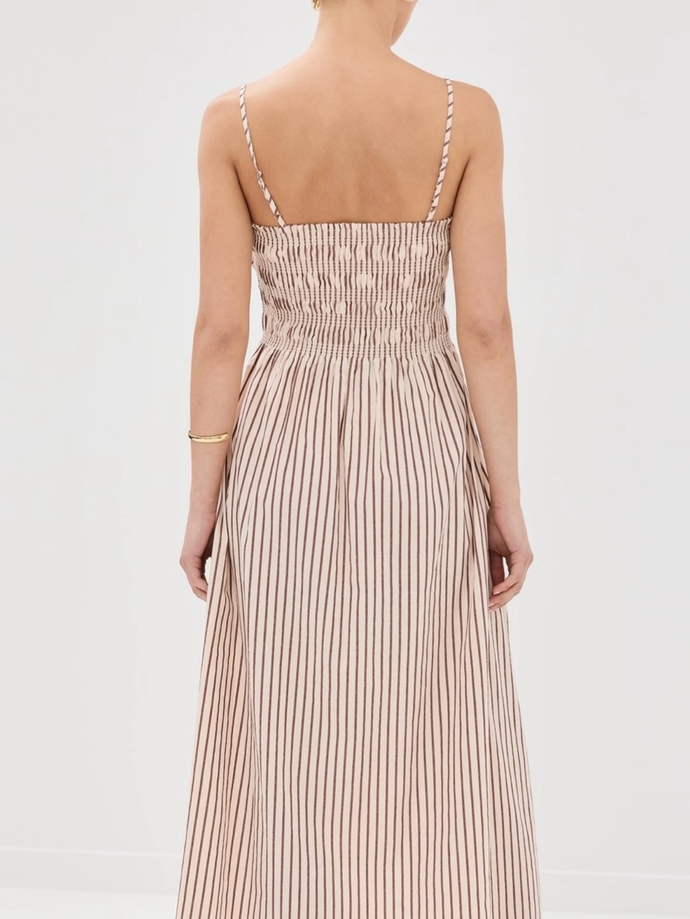 Evereve Pistola Beige and Brown Striped Smocked Maxi Dress